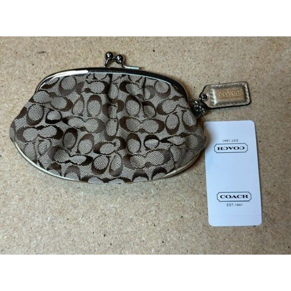 NWT Coach Signature C Jacquard Kisslock Coin Cosmetic Pouch Khaki Gold  Y2K